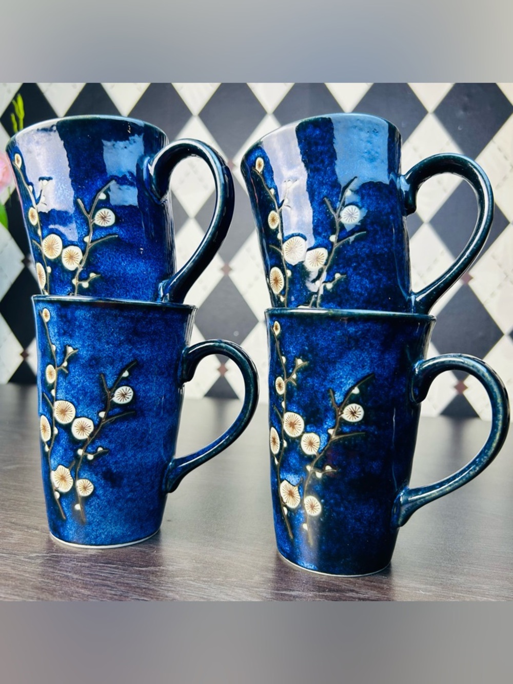 Cobalt Blue Cherry Blossom Stoneware Mug Set 4 Floral Branch Coffee‎ Cups Japan